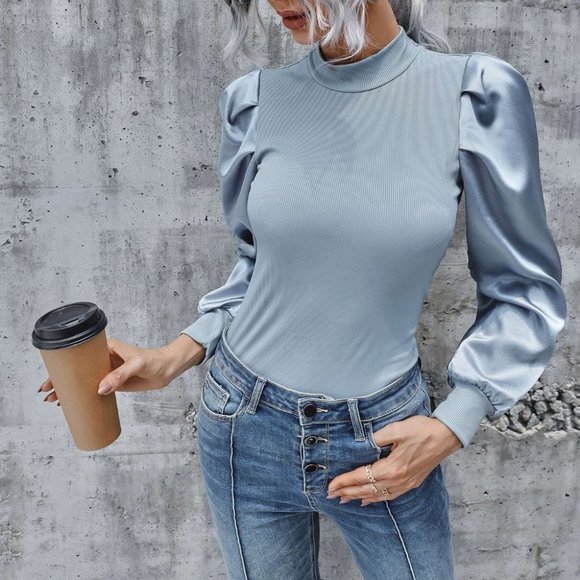 Modern Girl Blue Blouse top with Satin Sleeve - Picture 2 of 4